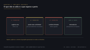 Quadro dos três trimestres da gestação e do pós-parto indicando o que se adia e o que não se adia no tratamento odontológico
